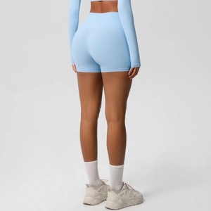 Close-up back view of high-waisted light blue yoga shorts with flattering lifting fit