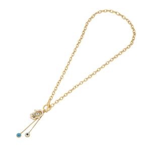Collier Main de Fatma doré avec pierres colorées, breloques œil bleu et fermoir à bascule