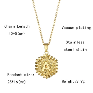 Detail view of hexagonal letter A pendant with measurement specs and vacuum plating info