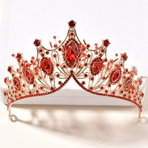 Luxurious baroque gold crown with red rhinestones and gemstones for bridal wedding