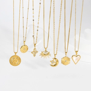 18K Gold Plated Stainless Steel Pendant Necklace Heart Mother Of Artificial Pearl Snake Evil Eye Sunburst Star Jewelry For Women