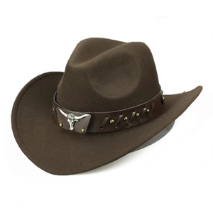 Brown western cowboy hat in felt with leather rivet band and silver bull head emblem