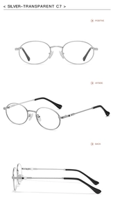 Drei-Wege-Ansicht einer ovalen Retro-Silbermetallbrille mit transparenten Gläsern