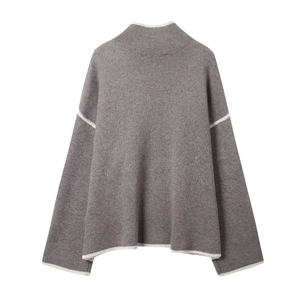 Grey knit sweater with white contrast trim and dropped shoulders for casual look