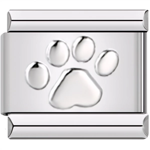 Close-up of polished stainless steel modular charm featuring a raised paw print design