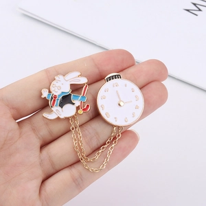 Cartoon rabbit and clock enamel brooch with gold chains for clothes and bags
