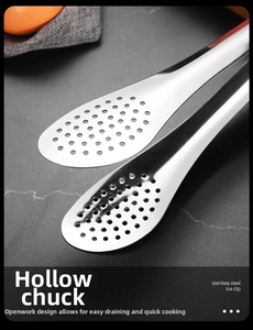 Close-up of stainless steel food tongs with hollow drainage holes and mirror polish finish