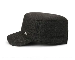 Side view detail of a dark gray wool blend cadet cap with embossed Sport text