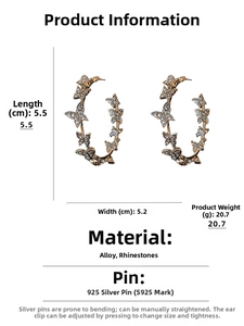Detail of luxury butterfly hoop earrings with crystals measuring 5.5cm by 5.2cm