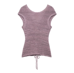 Detail of lavender ribbed knit crop top featuring adjustable drawstring knot and hem texture