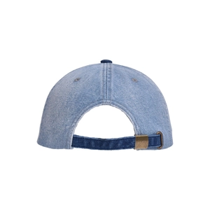 Detail of washed denim baseball cap back with adjustable bronze buckle and contrast strap