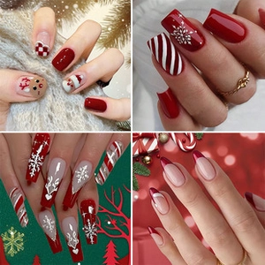 Detail showing four Christmas press-on nail styles with snowflakes and reindeer patterns