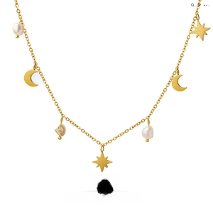 Stainless Steel Star Moon Pendant Necklace With Freshwater Pearl Clavicle Chain For Women Gold Plated Elegant Jewelry
