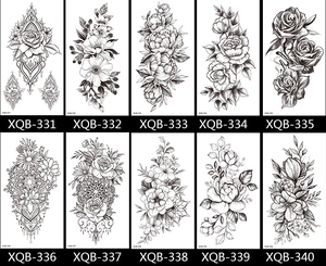 Grid display of 10 black and white floral tattoo stickers with rose and mandala designs