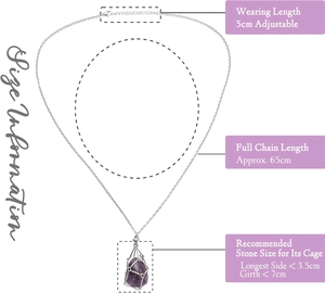 Detail showing crystal stone holder cage dimensions and silver chain size measurements