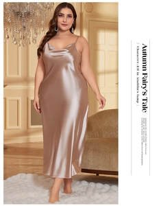 Detail of V-neck champagne satin plus size maxi dress with smooth silky texture