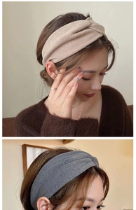 Detail of soft plush knotted headbands in beige and grey shown on model for winter styling