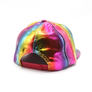 Rear view of holographic metallic baseball cap with rainbow finish and red snapback closure