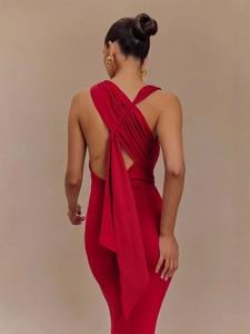 Elegant red backless bodycon dress with crisscross straps and draped back detail