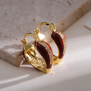 French vintage style gold earrings with dark red enamel and white zircon accents