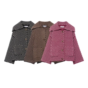 Three-color variety of houndstooth knit cardigans with lapels and vintage buttons