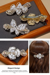 Macro detail of butterfly spring hair clip with sparkling white zircons and crystals