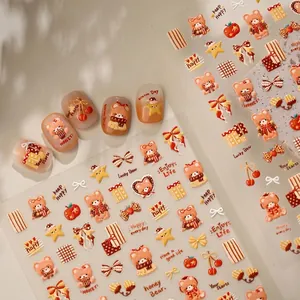 Honey Caramel Bear Nail Art Stickers 3D Embossed Retro Star Bow Heart Fruit Cute Manicure Decoration Decals