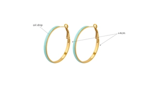 Detail of 4cm gold hoop earrings featuring light blue oil drip design and pin closure