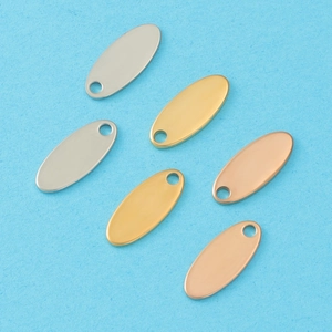 Oval stainless steel pendant tags in silver, gold, and rose gold for DIY jewelry