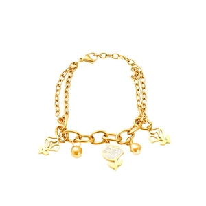 18k gold plated stainless steel double layer bracelet with hollow rose floral charms