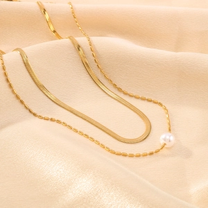 Double Layer Necklace Stainless Steel 18K Gold Plated Artificial Pearl Pendant French Minimalist Jewelry For Women