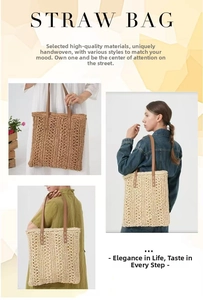 Macro shot of hand-woven straw tote bag details with reinforced brown leather straps