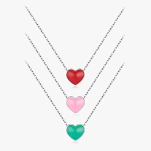 Three minimalist s925 silver heart necklaces in red, pink, and green enamel finishes
