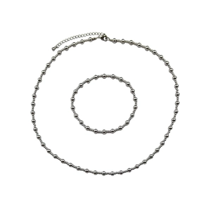 Detailed view of silver stainless steel 3:1 bead chain necklace and bracelet jewelry set