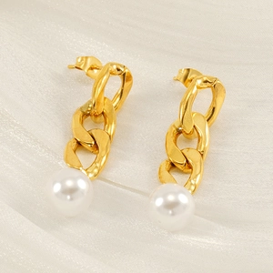 Long Drop Earrings 18K Gold Plated Stainless Steel Cuban Chain Round White Artificial Pearl Elegant French Vintage Jewelry Women