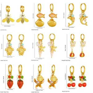 Fashion stainless steel drop oil earrings with shell, butterfly, and fruit charms charms