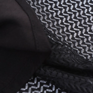 Elegant black V-neck maxi dress with mesh ruffle trim and wavy textured fabric detail