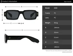 Detailed size chart and measurement specifications for square frame sunglasses model 6080