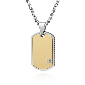 Mens silver military tag necklace with gold inlay and diamond accent on box chain