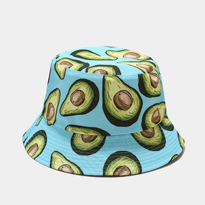 Light blue cotton bucket hat with avocado fruit print for summer outdoor sun protection