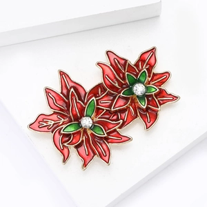 Elegant Christmas Poinsettia Enamel Brooch Pin with Red Petals and Crystal Center
