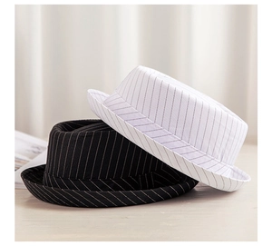 Detailed close-up showing the fine pinstripe texture of black and white jazz fedora hats
