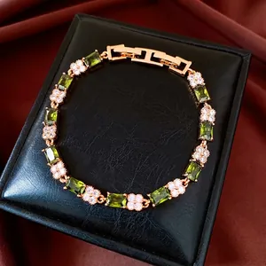 Vintage Luxury Green Zircon Link Bracelet Copper Real Gold Plated Geometric Square Emerald Style Elegant Jewelry Women