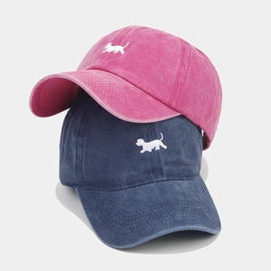 Casquettes de baseball vintage en coton délavé avec broderie chien rose et marine