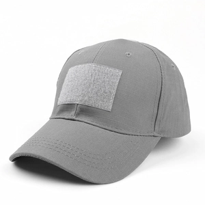 Detail of grey tactical baseball cap in ripstop fabric with front hook-and-loop panel