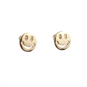 Minimalist gold-plated smiley face stud earrings with sparkling crystal-set eyes