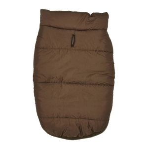 Close-up of quilted warm dog vest in coffee brown with functional leash hole on the back