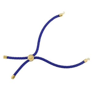 Close-up of adjustable dark blue braided cord with gold-plated metal sliding clasp