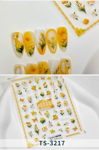 Detailed view of TS-3217 3D embossed floral nail stickers with yellow daisies and tulips