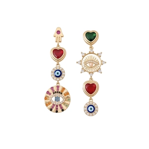 Vintage asymmetric earrings with gold Hamsa Hand, evil eye symbols and colorful zircons